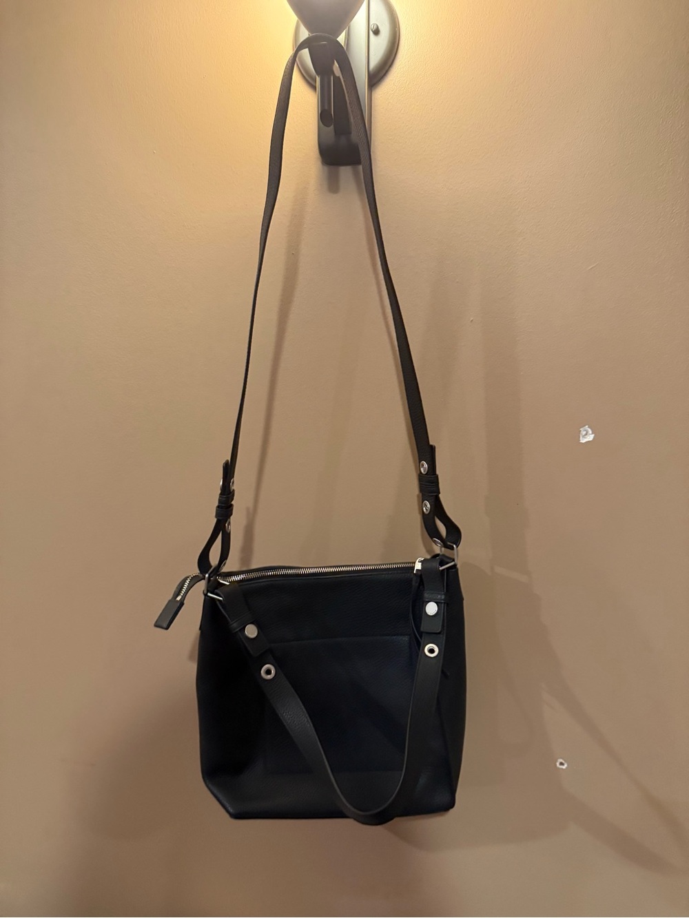 AllSaints Black Leather Crossbody Bag with Silver Hardware